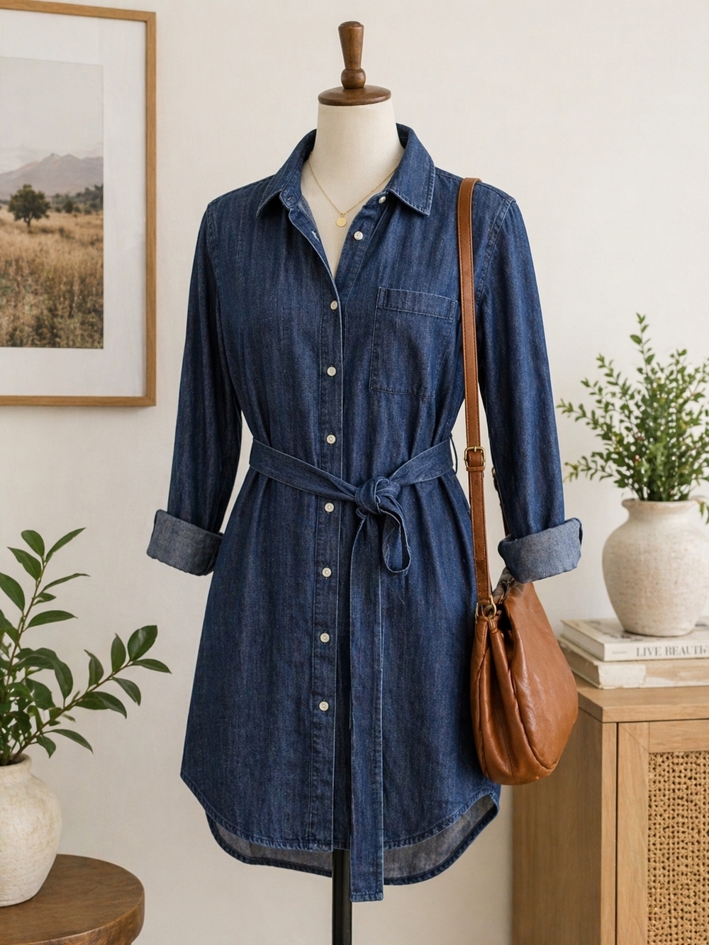 Free Assembly Denim Shirt Dress XS Tie Waist Button Front Blue